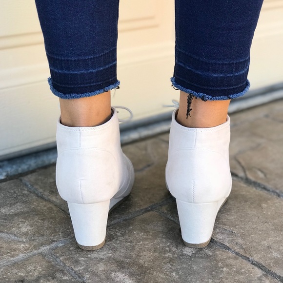 Cream Lace Up Wedge Ankle Bootie - Picture 2 of 6